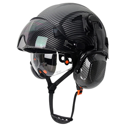 Carbon Fiber Safety Helmet with Visor, Double Goggles and Earmuffs - Industrial Hard Hat for Construction and Climbing