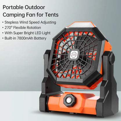 Oplaadbare Camping Ventilator – 7800mAh, 270° Draaibaar, LED Lamp, Stil & Draagbaar | Tafel- & Tentventilator voor Outdoor