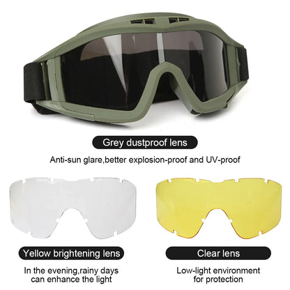 Airsoft Tactische Goggles – 3 Lensen, Wind- en Stofdicht, Veiligheidsbril voor Schieten en Outdoor Sporten