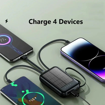 Snelladende Compacte Powerbank – Met Ingebouwde Kabels, Solar LED Licht, Geschikt voor Samsung, Apple & Xiaomi