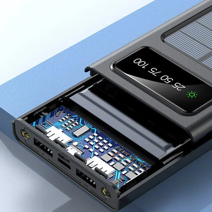 Super Grote Capaciteit Powerbank 2024 – Snelladen met Solar, LED Lamp, Ingebouwde Kabels & USB Poorten