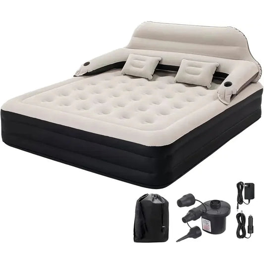 King Size Luftmatratze mit Kopfteil und Pumpe – Aufblasbares Bett mit Kissen