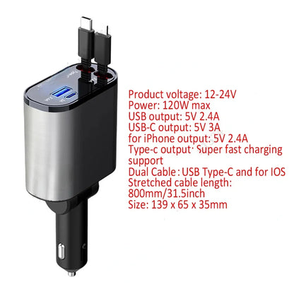 120W 4-in-1 Intrekbare Autolader – USB Type-C Kabel voor iPhone, Xiaomi, Huawei, Samsung Snelladen Sigarettenaanstekeradapter