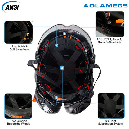 Carbon Fiber Safety Helmet with Visor, Double Goggles and Earmuffs - Industrial Hard Hat for Construction and Climbing