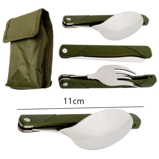 Faltbares Besteckset aus Edelstahl – Löffel, Gabel und Messer mit grüner Aufbewahrungstasche, perfekt für Picknick, Camping und Outdoor