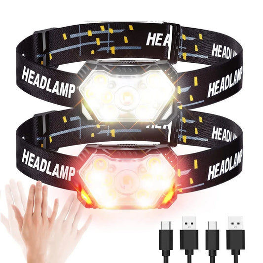 Powerful 9 LED Headlamp - 2000 Lumens, Rechargeable with Motion Sensor, Waterproof and Lightweight for Outdoor Activities