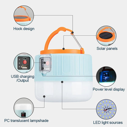 Waterdichte Solar LED Campinglamp – Oplaadbare Tentlamp, Draagbare Lantaarn en Noodverlichting