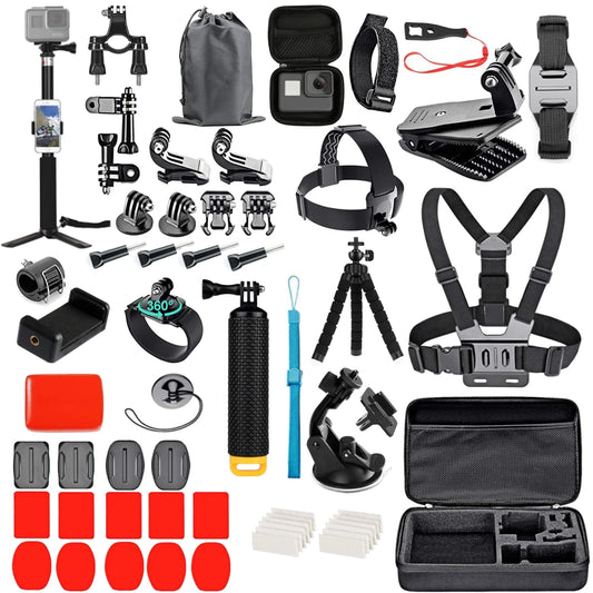 Zubehör-Set für Action-Kameras – geeignet für GoPro Hero 12/11/10, Xiaomi Yi, Insta360 X3/X4 – inklusive Gehäuse, Halterungen und Selfie-Stick