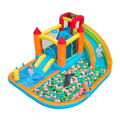 Multifunctioneel Opblaasbaar Springkasteel met Waterglijbaan, Trampoline & Basketbalring – Voor Kinderen – Met Blower