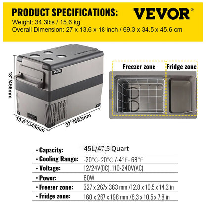 Draagbare Auto Koelkast – Mini Compressor Koeler 20L tot 55L, 12/24V DC & 110-240V AC, Voor Camping en Reis
