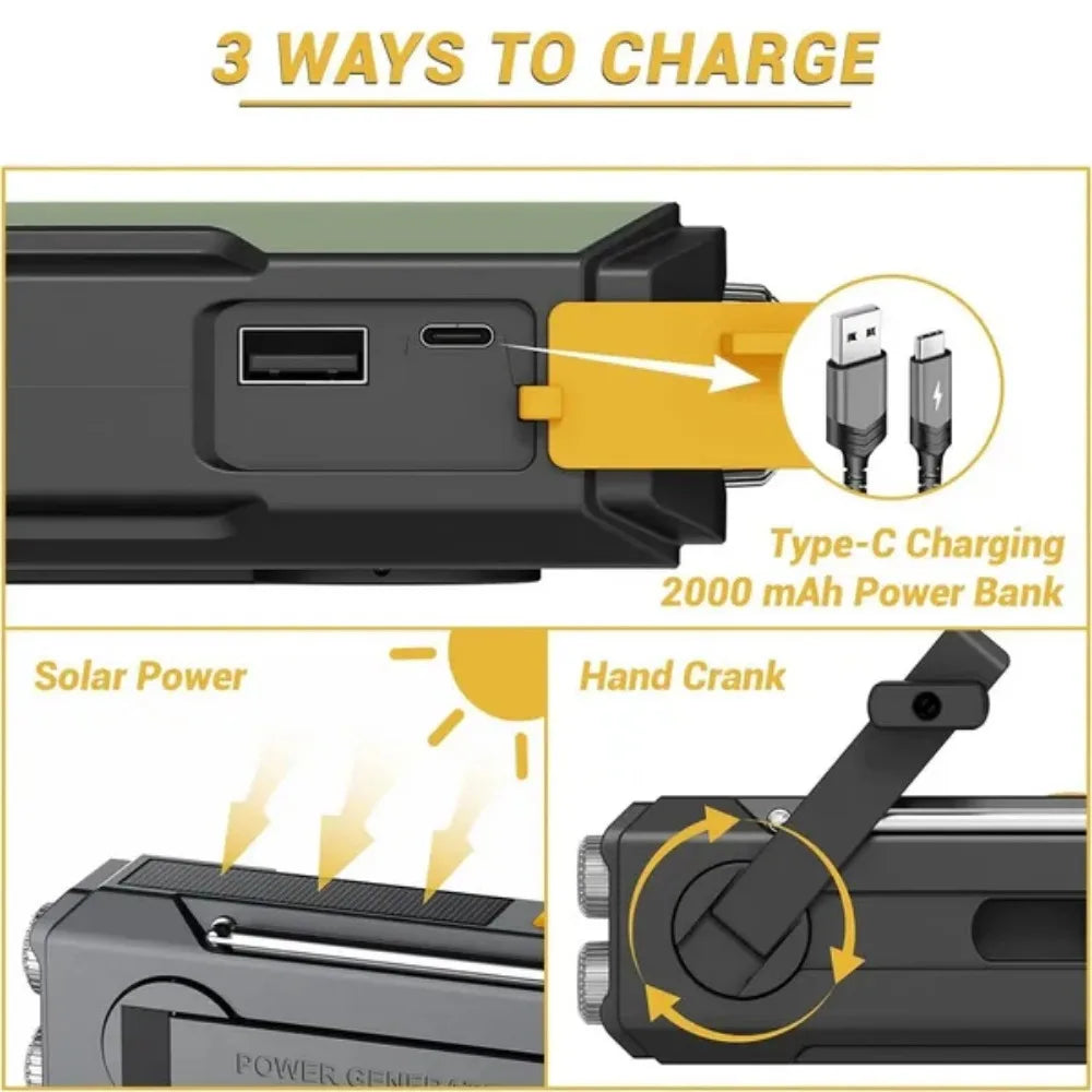 Multifunctionele Weer- en Noodradio – Handcrank, Solar, USB Opladen, Powerbank, LED Zaklamp