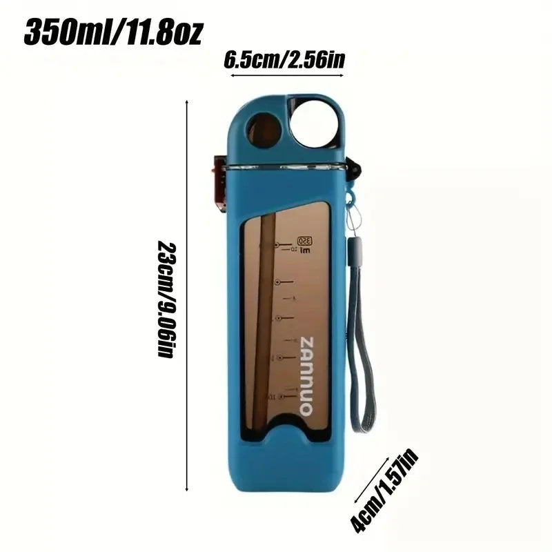 350 ml auslaufsichere Plastikwasserflasche – quadratische Sportflasche mit verschließbarem Deckel und Strohhalm für Outdoor und Reisen