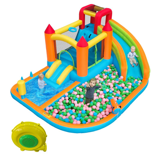 Multifunctioneel Opblaasbaar Springkasteel met Waterglijbaan, Trampoline & Basketbalring – Voor Kinderen – Met Blower