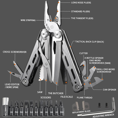 30-in-1-Camping-Multitool – faltbare Zange mit Abisolierzange, Mini-Taschenformat, inklusive Messer, Werkzeug und Nylon-Aufbewahrungstasche