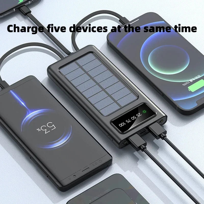 Super Grote Capaciteit Powerbank 2024 – Snelladen met Solar, LED Lamp, Ingebouwde Kabels & USB Poorten