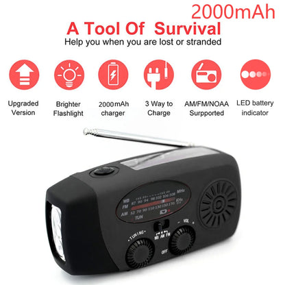 12000mAh Noodradio met Zonnepaneel & Crank – Draagbare AM/FM Radio, Powerbank & Zaklamp voor Outdoor Survival