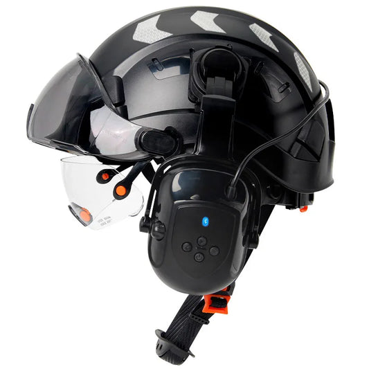 Construction Safety Helmet with Bluetooth 5.0 – Noise Cancelling Earmuffs, Visor &amp; Reflective Stickers, CE Certified