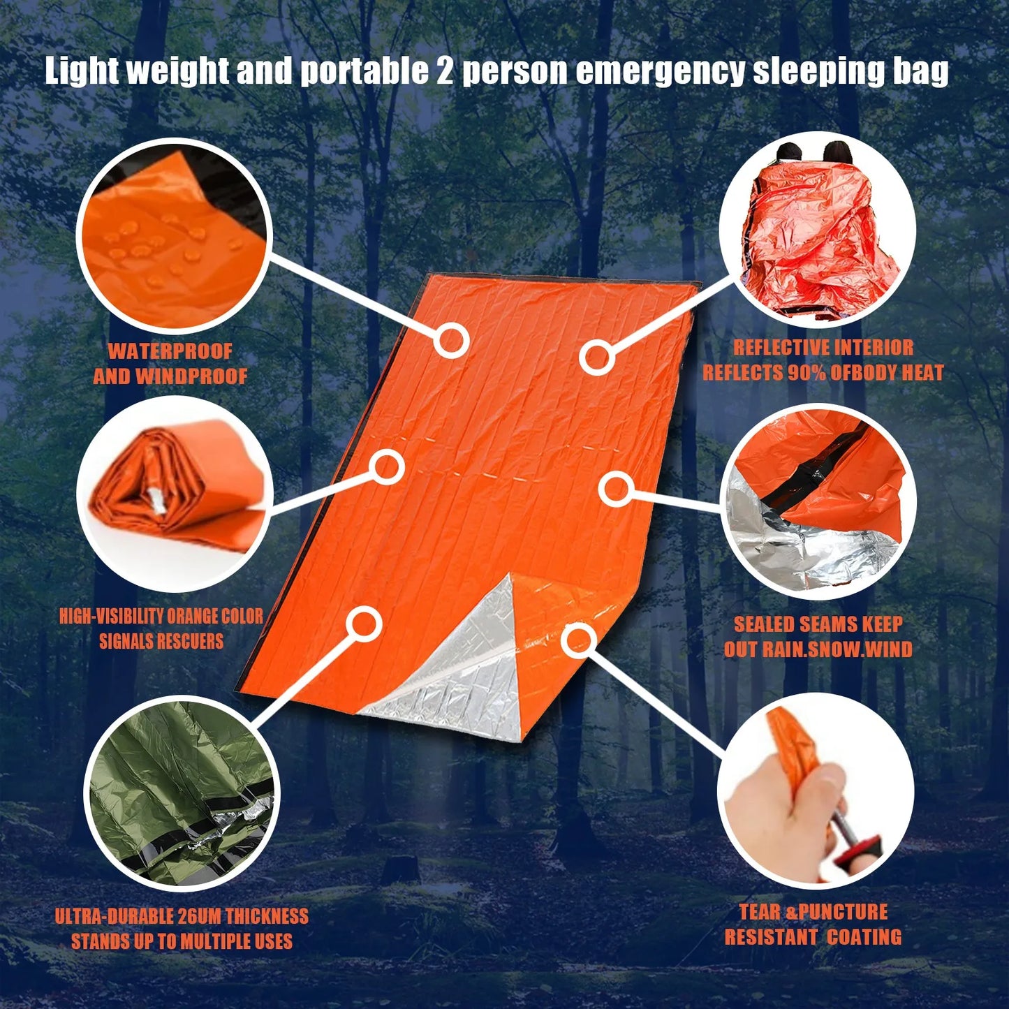 Portable Waterproof Emergency Sleeping Bag - Mylar Thermal Survival Bag for Camping, First Aid and Outdoor Adventures