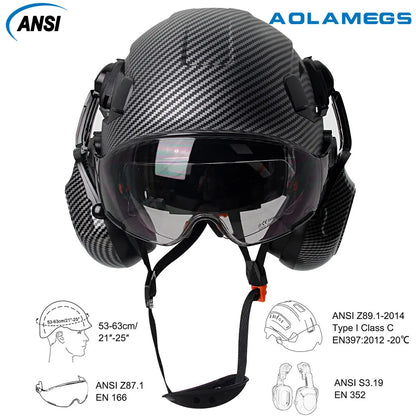 Carbon Fiber Safety Helmet with Visor, Double Goggles and Earmuffs - Industrial Hard Hat for Construction and Climbing