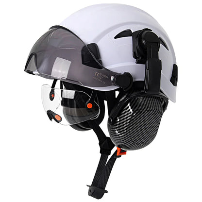 Carbon Fiber Safety Helmet with Visor, Double Goggles and Earmuffs - Industrial Hard Hat for Construction and Climbing