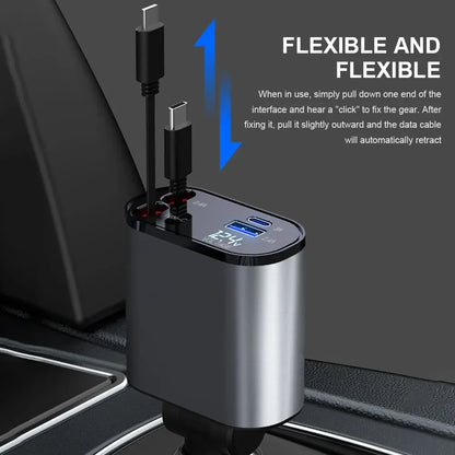 120W 4-in-1 Intrekbare Autolader – USB Type-C Kabel voor iPhone, Xiaomi, Huawei, Samsung Snelladen Sigarettenaanstekeradapter