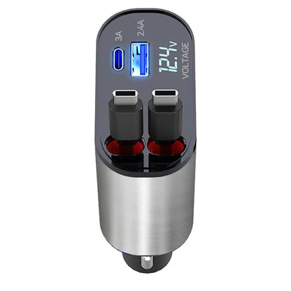 4-in-1-Autoadapter – Einziehbares Kabel, 120-W-Multiport-Universalladegerät für 12-V-/24-V-Fahrzeuge