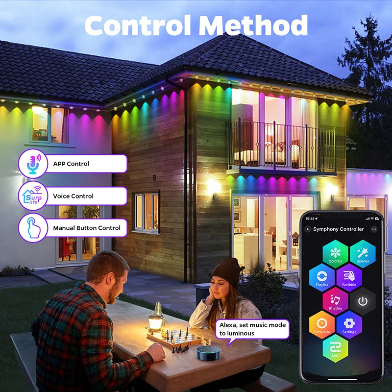 100FT 60 LED RGB Eaves String Lights - Waterdichte Permanent Outdoor Verlichting met App- en Spraakbediening