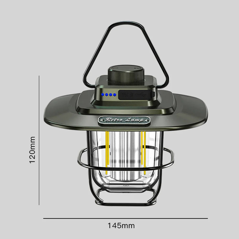 LED Retro Camping Lantaarn | Waterdicht | Type-C Oplaadbaar | Hanglamp met Haak & Batterij Indicator