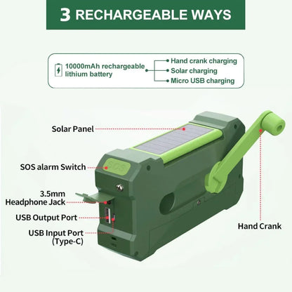 Multifunctionele 10000mAh Zonne- en Crank Radio – AM/FM/NOAA Weeralarm, Oplaadbare Telefoon, LED Zaklamp, SOS Alarm & Dual Stereo Speakers