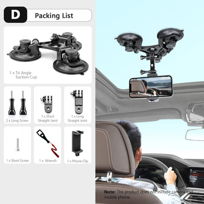 Vamson Driehoek Zuignap Statiefhouder - Compatibel met Insta360, GoPro Hero, DJI Action, en Smartphones