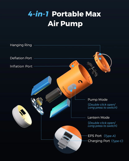 MAX PUMP 2 PRO | Draagbare Elektrische Luchtpomp met Campinglamp en Noodstroomvoorziening voor Buiten