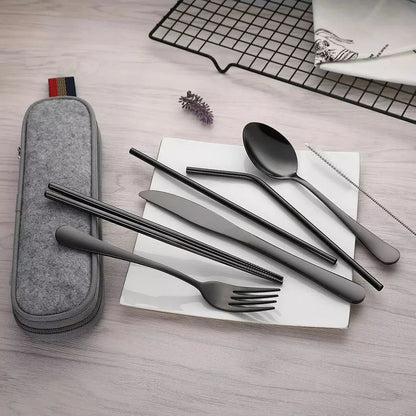 8-delige Draagbare Bestekset - Ideaal voor Outdoor, Picknick, Reizen en Studenten - Vork, Lepel, Mes en Eetstokjes in Compacte Opbergbox