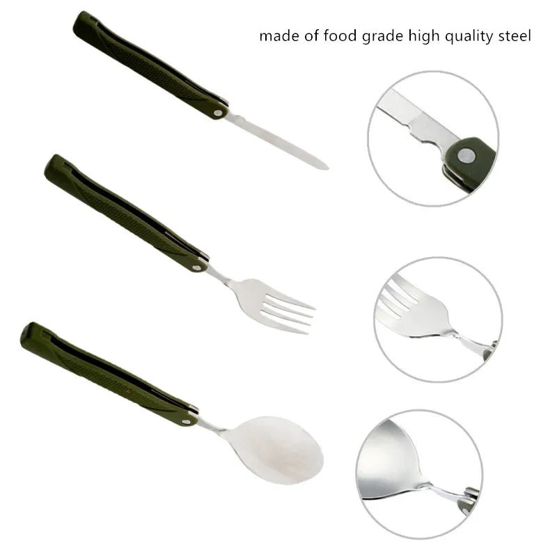 Faltbares Besteckset aus Edelstahl – Löffel, Gabel und Messer mit grüner Aufbewahrungstasche, perfekt für Picknick, Camping und Outdoor