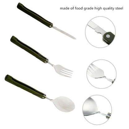 Faltbares Besteckset aus Edelstahl – Löffel, Gabel und Messer mit grüner Aufbewahrungstasche, perfekt für Picknick, Camping und Outdoor