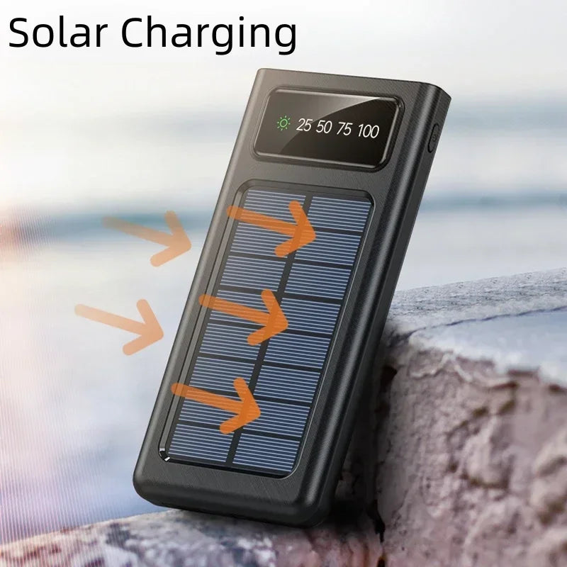 Super Grote Capaciteit Powerbank 2024 – Snelladen met Solar, LED Lamp, Ingebouwde Kabels & USB Poorten