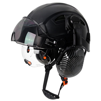 Carbon Fiber Safety Helmet with Visor, Double Goggles and Earmuffs - Industrial Hard Hat for Construction and Climbing