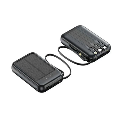 Snelladende Compacte Powerbank – Met Ingebouwde Kabels, Solar LED Licht, Geschikt voor Samsung, Apple & Xiaomi