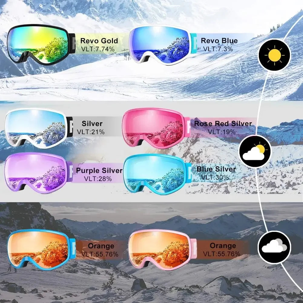 Antibeschlag-Skibrille für Kinder mit 100 % UV400-Schutz – geeignet für Helm – für 3–10 Jahre Jungen und Mädchen