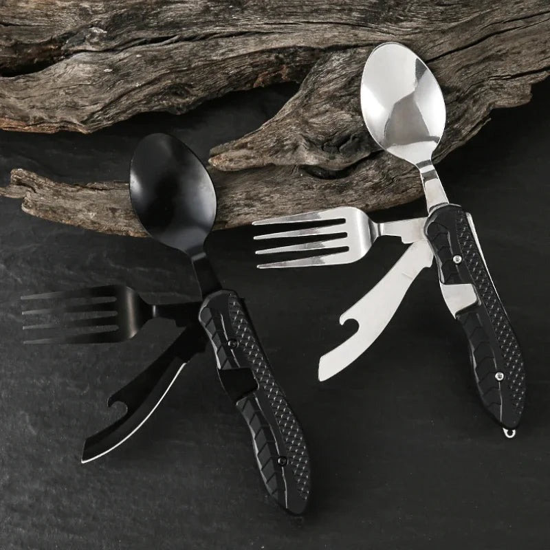 Tragbares Campingbesteck – faltbarer Edelstahl-Löffel, Gabel, Messer und Flaschenöffner, Multitool