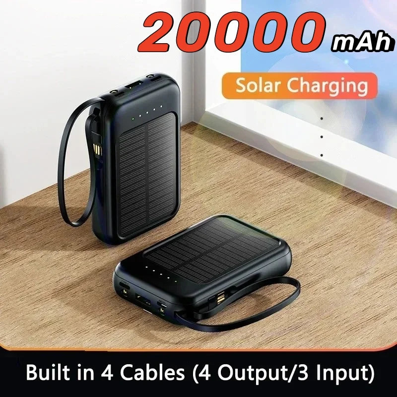 Snelladende Compacte Powerbank – Met Ingebouwde Kabels, Solar LED Licht, Geschikt voor Samsung, Apple & Xiaomi