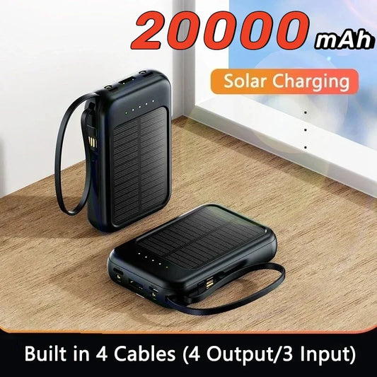 Snelladende Compacte Powerbank – Met Ingebouwde Kabels, Solar LED Licht, Geschikt voor Samsung, Apple & Xiaomi