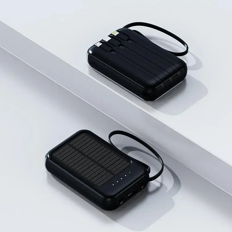 Snelladende Compacte Powerbank – Met Ingebouwde Kabels, Solar LED Licht, Geschikt voor Samsung, Apple & Xiaomi