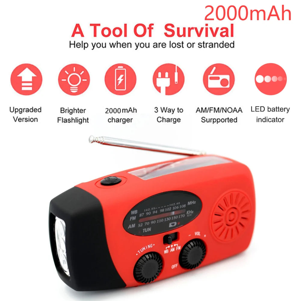 12000mAh Noodradio met Zonnepaneel & Crank – Draagbare AM/FM Radio, Powerbank & Zaklamp voor Outdoor Survival