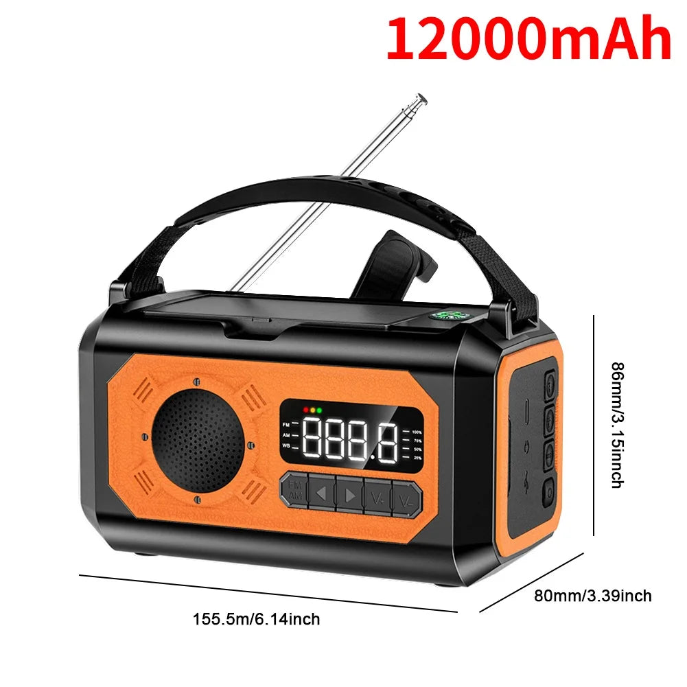 12000mAh Noodradio met Zonnepaneel & Crank – Draagbare AM/FM Radio, Powerbank & Zaklamp voor Outdoor Survival