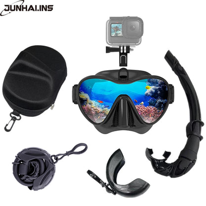 Wet Go-Pro Mount Duikmasker | Tempered Glass Freedive Mask met J-Type Snorkel & Camera Mount – Zwart
