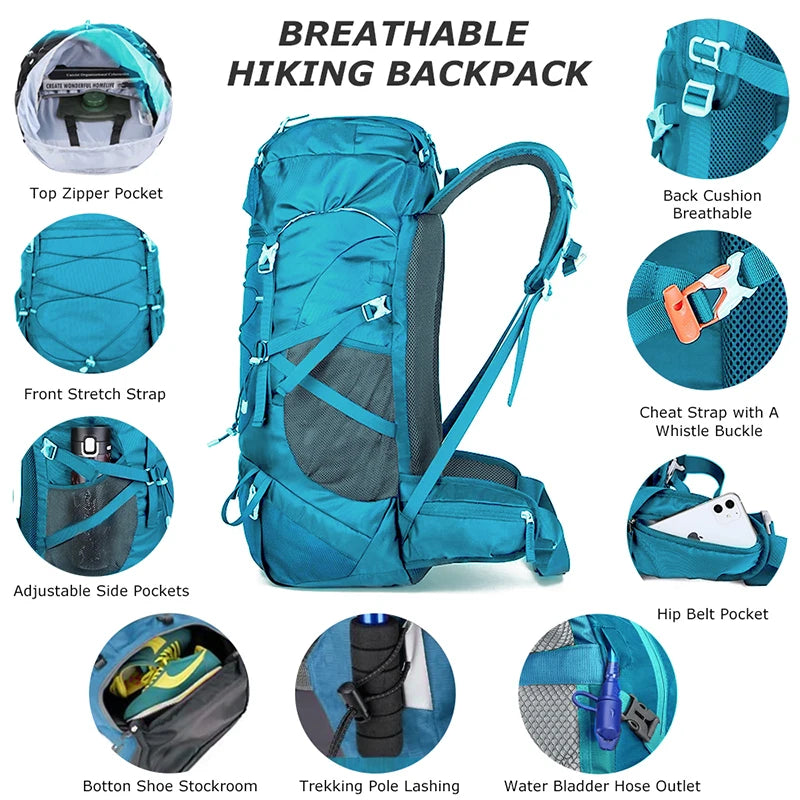 50L Wanderrucksack mit Regenhülle – multifunktionaler Bergsteigerrucksack für Outdoor-Reisen, Trekking und Camping