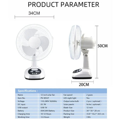 Draagbare Solar Tafelventilator – 12" Oplaadbare AC/DC Ventilator met LED & USB Poorten