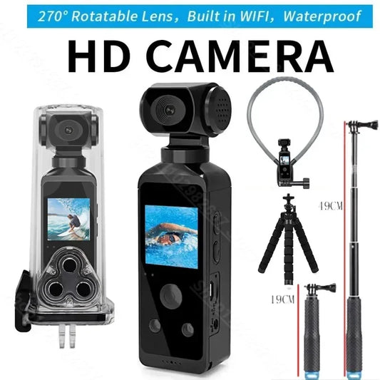 4K Ultra HD Pocket Action Camera - 270° Rotatable Vlog Wifi Mini Sports Camera with Waterproof Housing