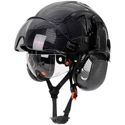 Carbon Fiber Safety Helmet with Visor, Double Goggles and Earmuffs - Industrial Hard Hat for Construction and Climbing