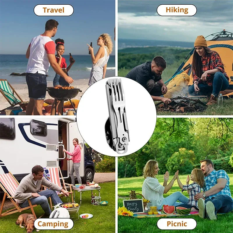 Faltbares Campingbesteck – multifunktionaler Edelstahl-Löffel, Gabel, Messer und Flaschenöffner